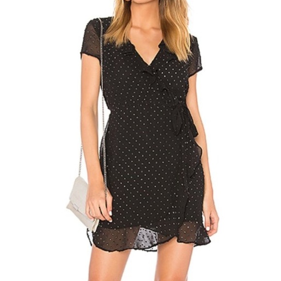 Bardot Foil Spotty Polka Dot Ruffle Surplice Wrap Dress Black Size 6 - Picture 1 of 13